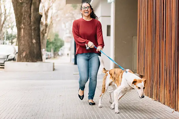 Frau geht mit dem Hund in der Stadt spazieren